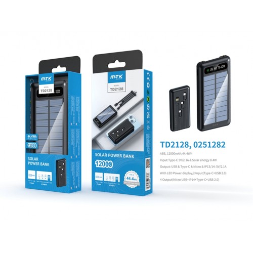 TD2128 Solar PowerBank Aya, 12000mAh, Output (Micro USB+iPhone+Type-C+USB2.0), Led ABS, Black